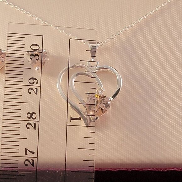 Sterling Openwork Pink Heart CZ  Necklace & Stud Earrings Set - Ne… - Picture 5 of 7